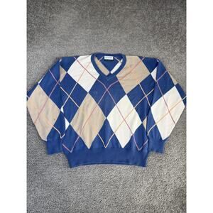 Tuttle Golf Collection Sweater Mens L Blue Argyle V-Neck Cotton Pullover